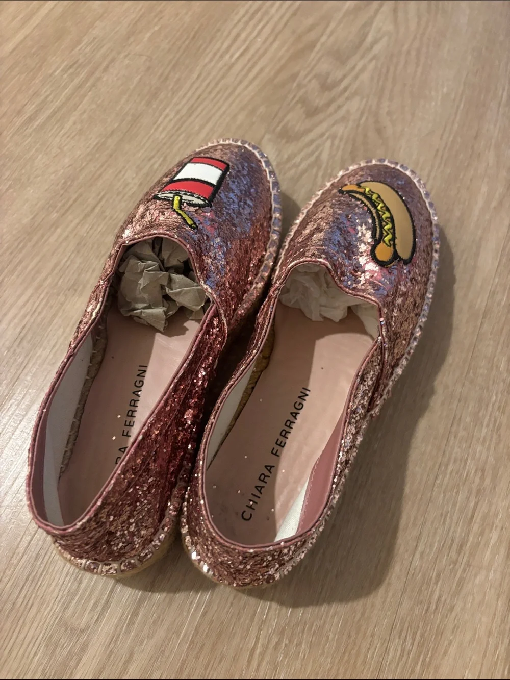 Chiara Ferragni Pink Glitter Fast Food Espadrille Flats - Hot Dog & Soda